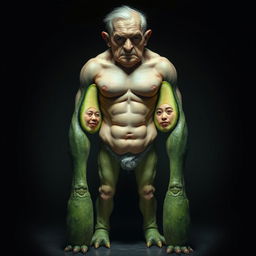 A bizarre creature featuring the torso of a muscular man, legs resembling fresh cucumbers, and arms that look like ripe avocados