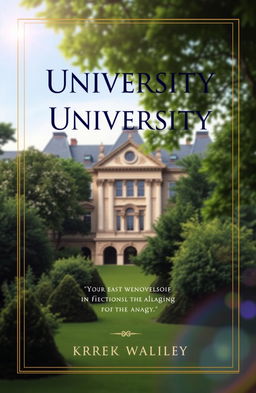 A stunning and captivating book cover design for a university-themed publication, featuring a grand university building in the background, surrounded by lush greenery