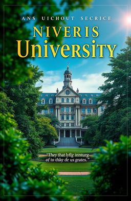 A stunning and captivating book cover design for a university-themed publication, featuring a grand university building in the background, surrounded by lush greenery
