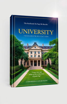 A stunning and captivating book cover design for a university-themed publication, featuring a grand university building in the background, surrounded by lush greenery