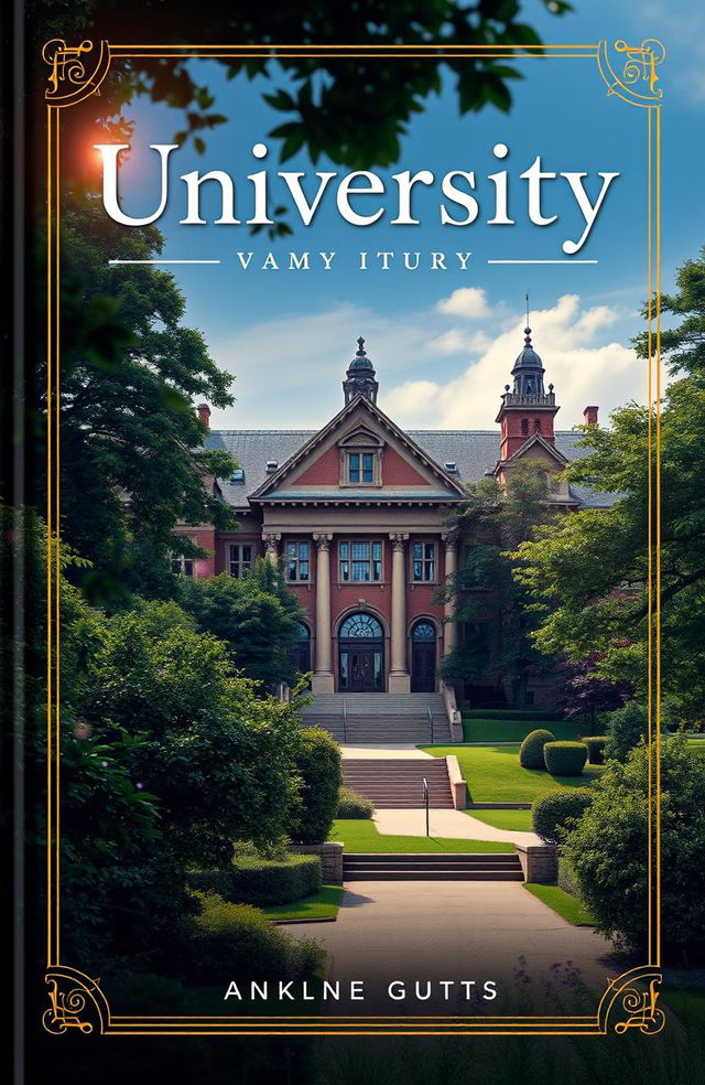 A stunning and captivating book cover design for a university-themed publication, featuring a grand university building in the background, surrounded by lush greenery