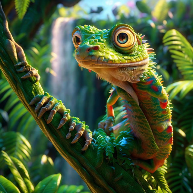 A vibrant Pixar-style scene featuring a cute gecko on a leafy branch in a lush jungle, with birds, a waterfall, and a rainbow in the background.