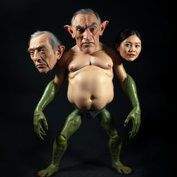 A bizarre three-faced creature featuring a muscular man's torso, legs resembling fresh cucumbers, and arms that look like ripe avocados