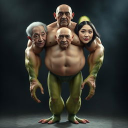 A bizarre three-faced creature featuring a muscular man's torso, legs resembling fresh cucumbers, and arms that look like ripe avocados