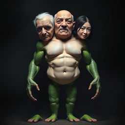 A bizarre three-faced creature featuring a muscular man's torso, legs resembling fresh cucumbers, and arms that look like ripe avocados