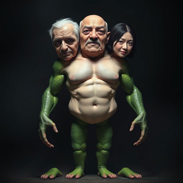 A bizarre three-faced creature featuring a muscular man's torso, legs resembling fresh cucumbers, and arms that look like ripe avocados