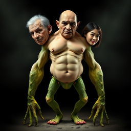 A bizarre three-faced creature featuring a muscular man's torso, legs resembling fresh cucumbers, and arms that look like ripe avocados