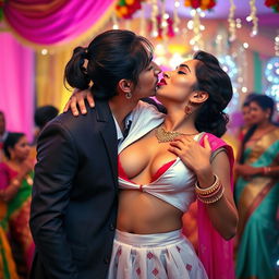 A sensual scene featuring an attractive woman, inspired by Nushrath Bharucha, wearing a short skirt and striking red lipstick