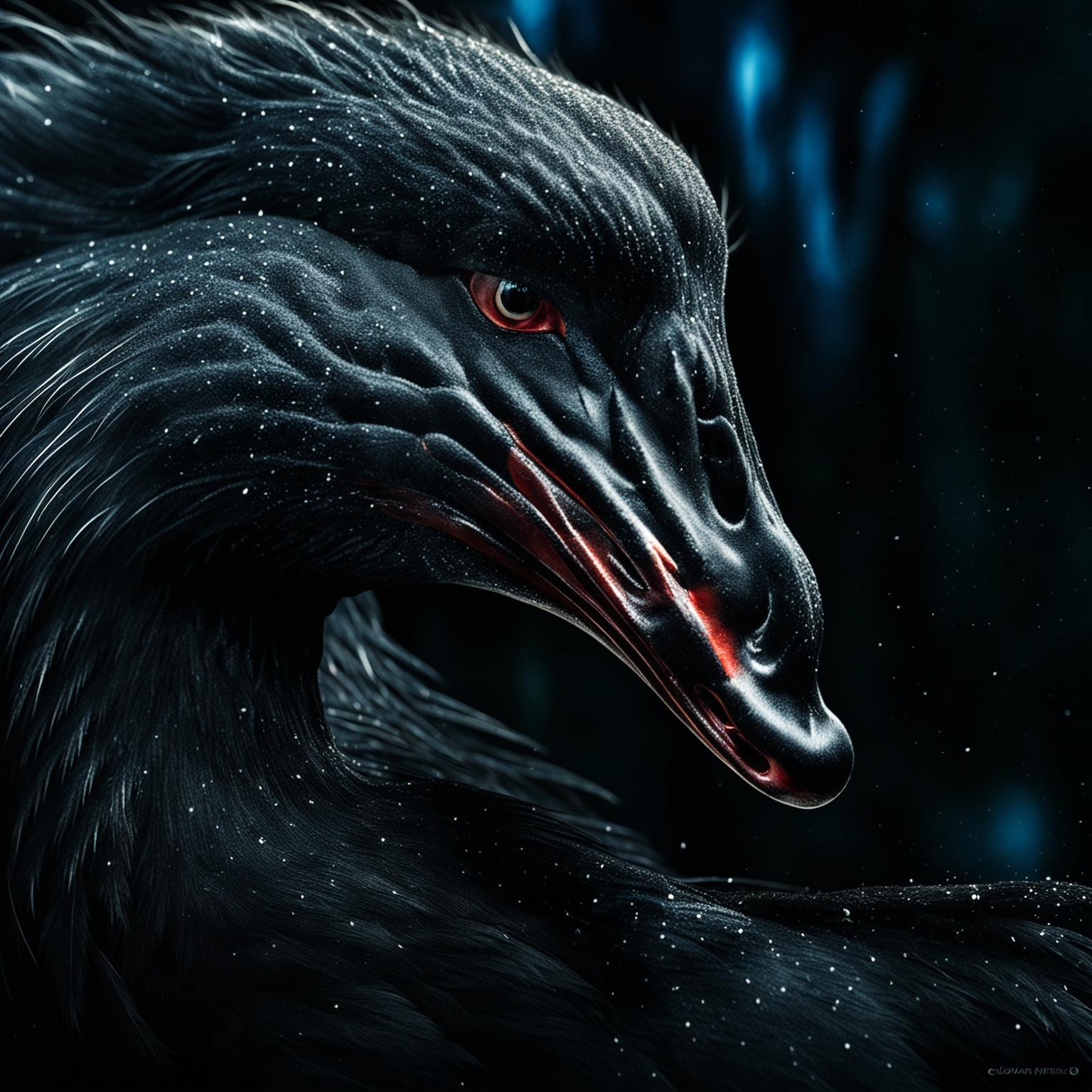 HD movie poster featuring an intense close-up of a black swan with a mysterious and dramatic atmosphere.