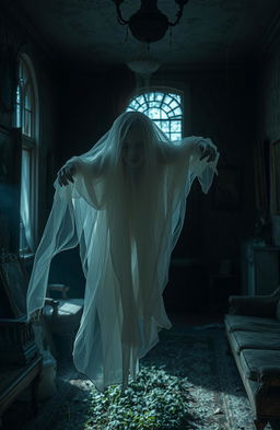 A mysterious, ethereal ghost, shrouded in wisps of translucent fabric, floating through an old, abandoned mansion filled with dusty furniture, worn-out portraits, and faded wallpaper