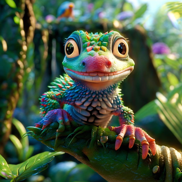 A Pixar-style scene featuring an irresistibly cute gecko on a leafy branch in a lush jungle, with birds, a waterfall, and a rainbow in the background.