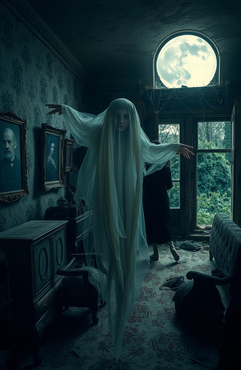 A mysterious, ethereal ghost, shrouded in wisps of translucent fabric, floating through an old, abandoned mansion filled with dusty furniture, worn-out portraits, and faded wallpaper