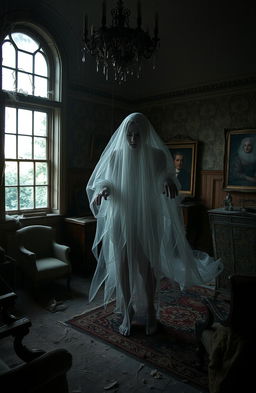 A mysterious, ethereal ghost, shrouded in wisps of translucent fabric, floating through an old, abandoned mansion filled with dusty furniture, worn-out portraits, and faded wallpaper