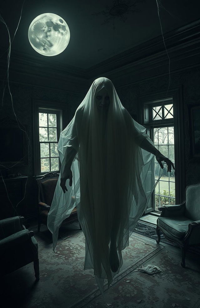 A mysterious, ethereal ghost, shrouded in wisps of translucent fabric, floating through an old, abandoned mansion filled with dusty furniture, worn-out portraits, and faded wallpaper