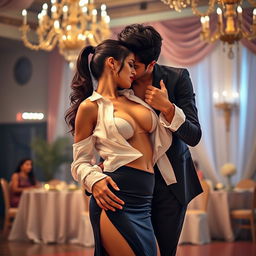 A sensual scene featuring an attractive woman, inspired by Nushrath Bharucha, wearing a short skirt with a deep slit and striking red lipstick