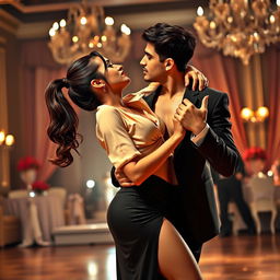 A sensual scene featuring an attractive woman, inspired by Nushrath Bharucha, wearing a short skirt with a deep slit and striking red lipstick