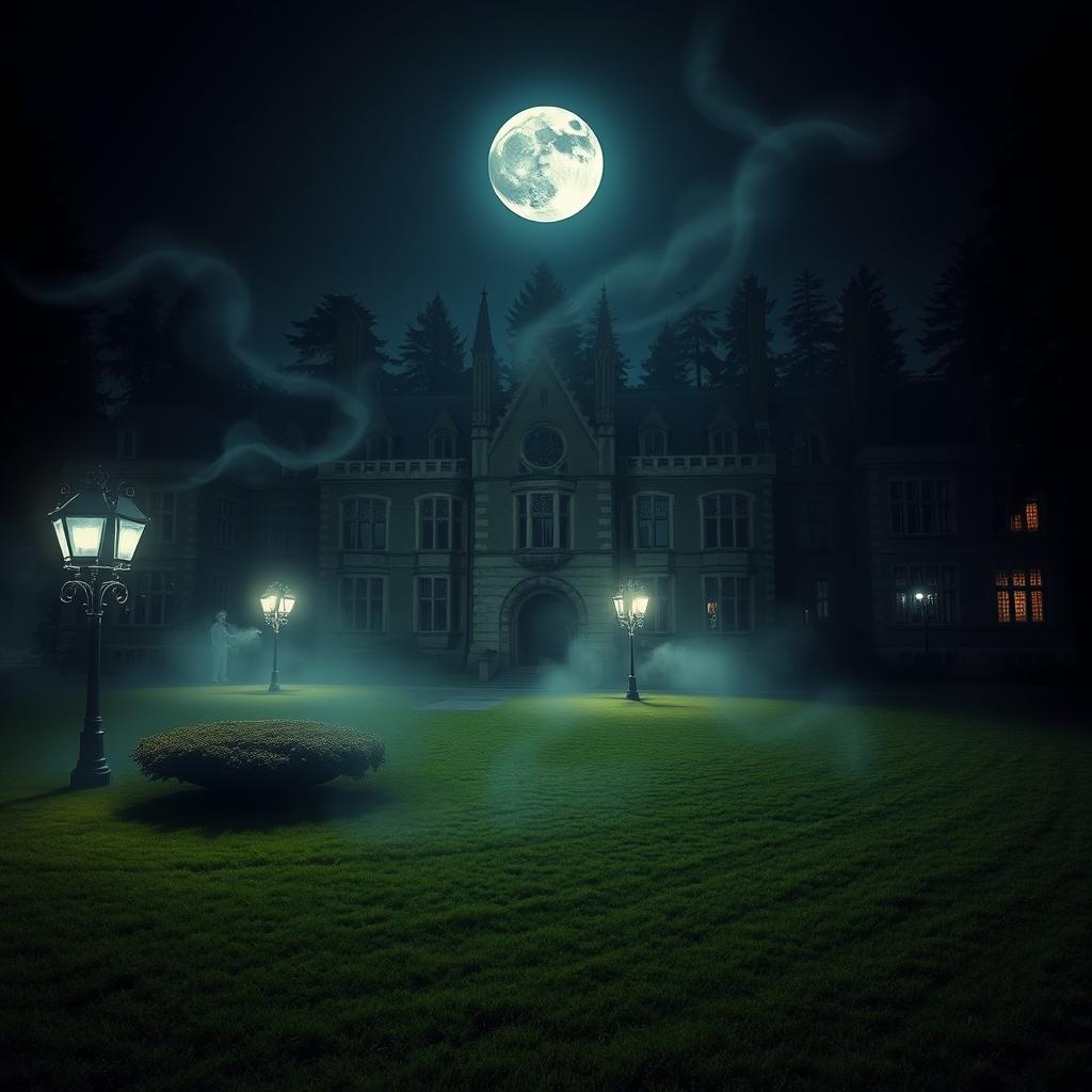 A haunted university campus at night, featuring an old, gothic-style main building with intricate stonework