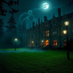 A haunted university campus at night, featuring an old, gothic-style main building with intricate stonework