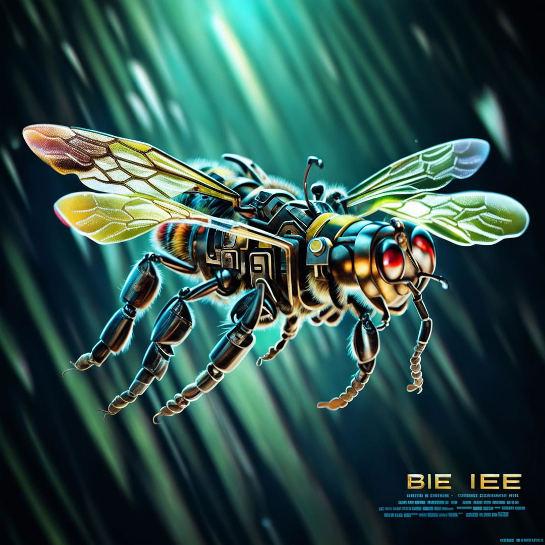 HD movie poster featuring an intense close-up of a mechanical drone bee against a blurred background. The title is in bold, futuristic font at the bottom.