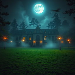 A haunted university campus at night, featuring an old, gothic-style main building with intricate stonework