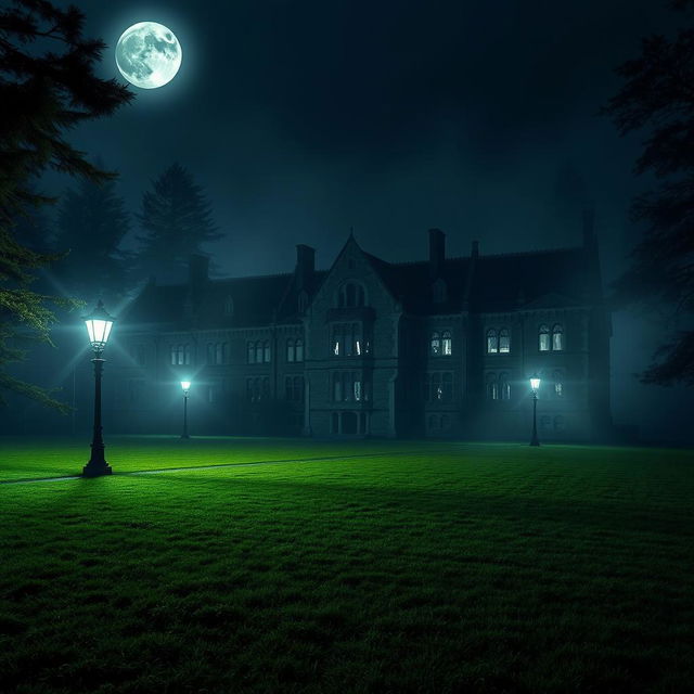 A haunted university campus at night, featuring an old, gothic-style main building with intricate stonework