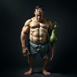A surreal three-faced creature featuring the torso of a muscular man, the legs of an old woman, and fat brown arms