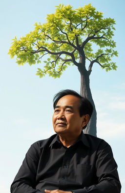 An artistic representation of the Indonesian author Pujo Prayitno, depicted thoughtfully with a peaceful expression