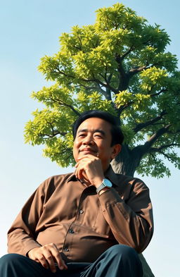 An artistic representation of the Indonesian author Pujo Prayitno, depicted thoughtfully with a peaceful expression