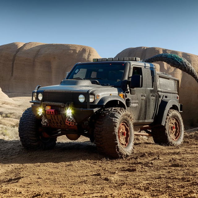 A rough-terrain truck designed to navigate challenging landscapes, showcasing its rugged build, large tires, and durable design.