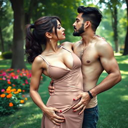 A sensual scene featuring an attractive woman, inspired by Nushrath Bharucha, wearing a skirt with a deep slit and striking red lipstick