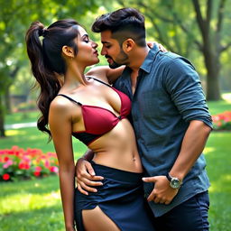 A sensual scene featuring an attractive woman, inspired by Nushrath Bharucha, wearing a skirt with a deep slit and striking red lipstick