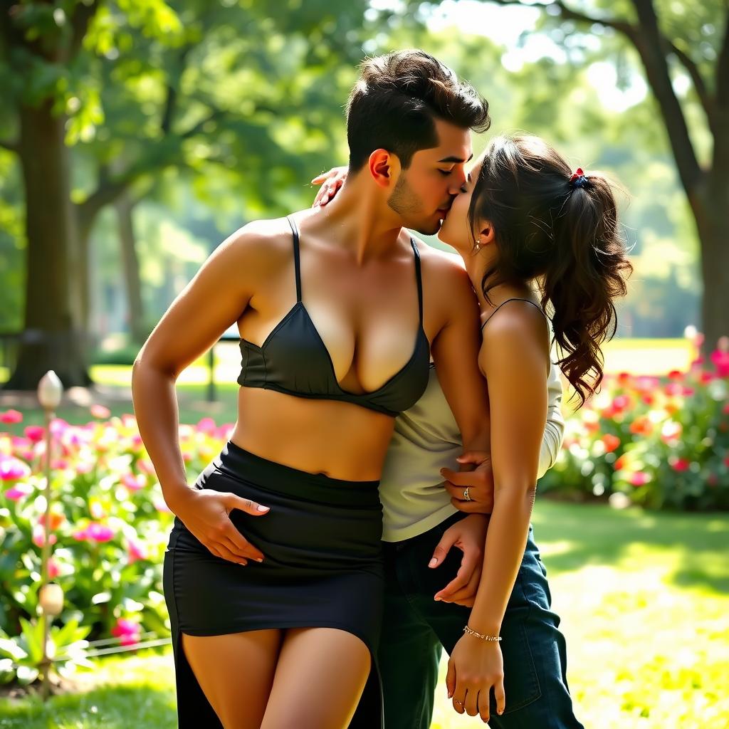 A sensual scene featuring an attractive woman, inspired by Nushrath Bharucha, wearing a skirt with a deep slit and striking red lipstick