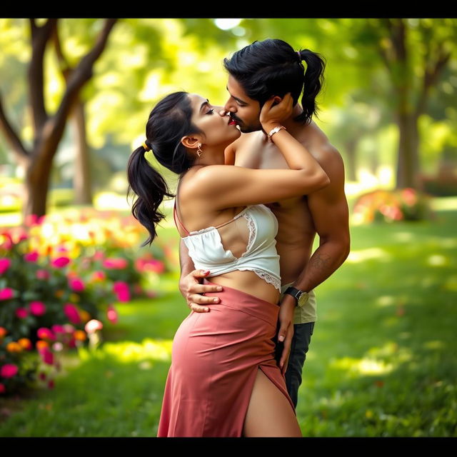 A sensual scene featuring an attractive woman, inspired by Nushrath Bharucha, wearing a skirt with a deep slit and striking red lipstick