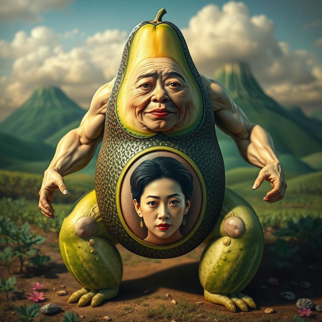 A surreal creature featuring the torso of a ripe avocado, legs that resemble fresh cucumbers, and the muscular arms of a strong man