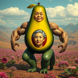 A surreal creature featuring the torso of a ripe avocado, legs that resemble fresh cucumbers, and the muscular arms of a strong man