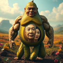 A surreal creature featuring the torso of a ripe avocado, legs that resemble fresh cucumbers, and the muscular arms of a strong man