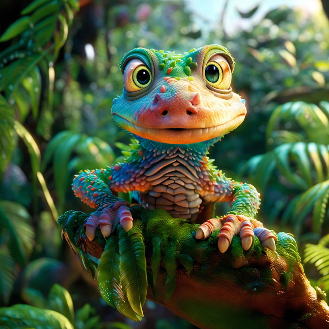 A classic Pixar-style scene featuring an incredibly cute gecko on a leafy branch in a lush jungle, with birds, a waterfall, and a rainbow in the background.