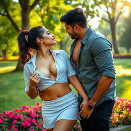 A sensual scene featuring an attractive woman, inspired by Nushrath Bharucha, wearing a short skirt and striking red lipstick