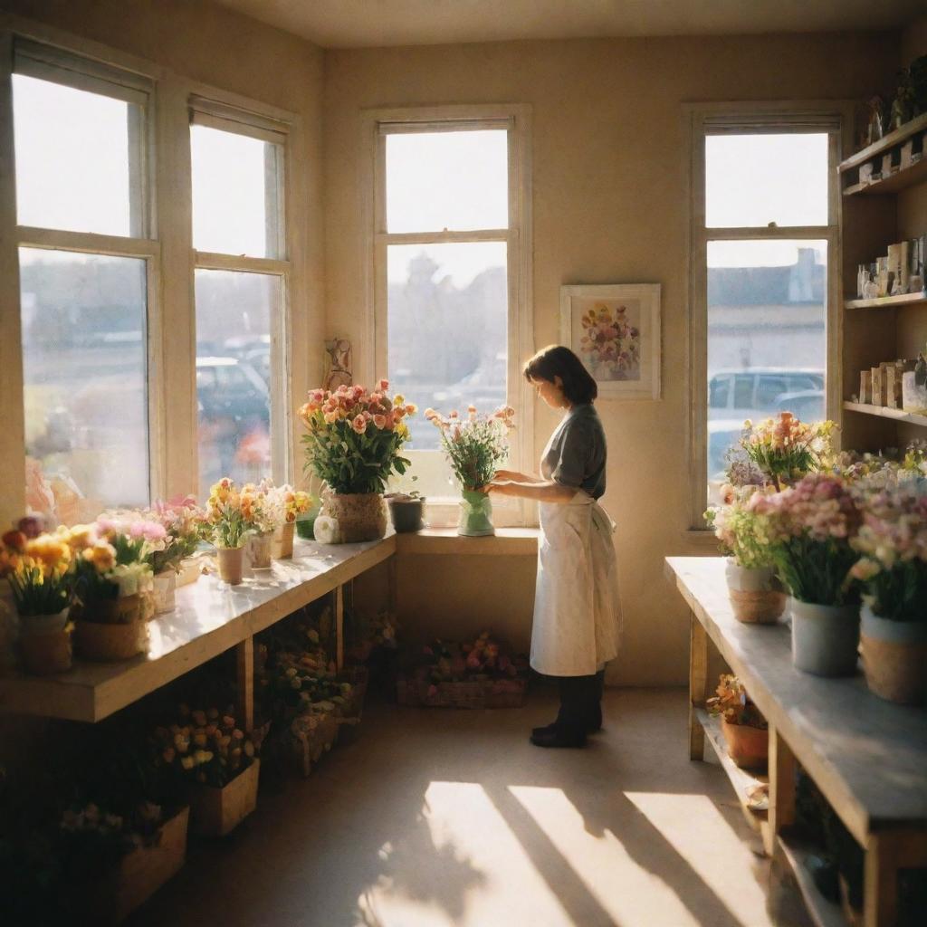 Photograph capturing a cosy flower shop's interior. It portrays a lone woman crafting a bouquet during the golden hour, with the spring sun backlighting the scene. The photo is designed to imitate a Kodak Portra 800 print, shot with a 105mm f1.8 lens.