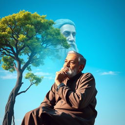 An artistic representation of the Indonesian author Pujo Prayitno, portrayed with a thoughtful expression, seated in a tranquil setting