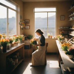 Photograph capturing a cosy flower shop's interior. It portrays a lone woman crafting a bouquet during the golden hour, with the spring sun backlighting the scene. The photo is designed to imitate a Kodak Portra 800 print, shot with a 105mm f1.8 lens.