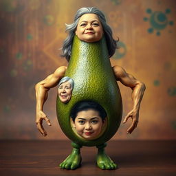 A whimsical creature featuring the torso of a ripe avocado, legs that resemble fresh cucumbers, and muscular arms like those of a man