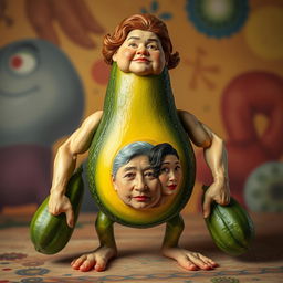 A whimsical creature featuring the torso of a ripe avocado, legs that resemble fresh cucumbers, and muscular arms like those of a man