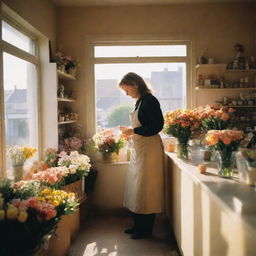 Photograph capturing a cosy flower shop's interior. It portrays a lone woman crafting a bouquet during the golden hour, with the spring sun backlighting the scene. The photo is designed to imitate a Kodak Portra 800 print, shot with a 105mm f1.8 lens.