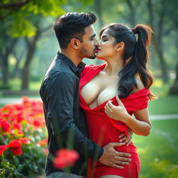 A sensual scene featuring an attractive woman, inspired by Nushrath Bharucha, wearing a short red dress and striking red lipstick