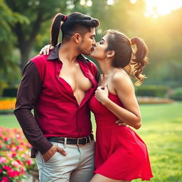 A sensual scene featuring an attractive woman, inspired by Nushrath Bharucha, wearing a short red dress and striking red lipstick