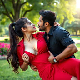 A sensual scene featuring an attractive woman, inspired by Nushrath Bharucha, wearing a short red dress and striking red lipstick