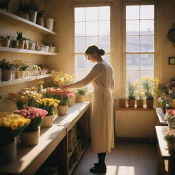 Photograph capturing a cosy flower shop's interior. It portrays a lone woman crafting a bouquet during the golden hour, with the spring sun backlighting the scene. The photo is designed to imitate a Kodak Portra 800 print, shot with a 105mm f1.8 lens.