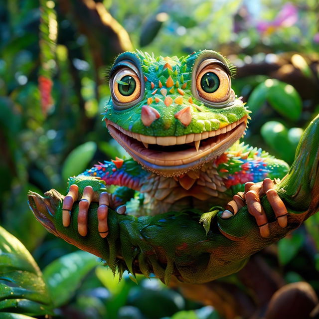 An incredibly adorable gecko, designed in classic Pixar style, perched on a leafy branch in a vibrant jungle scene with birds, a waterfall, and a rainbow.