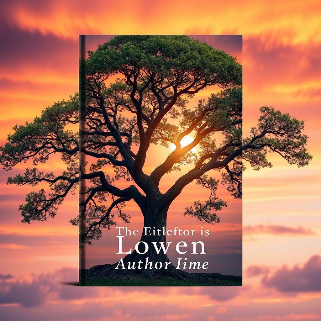 A book cover design featuring a majestic tree as the focal point, with its branches and leaves extending gracefully